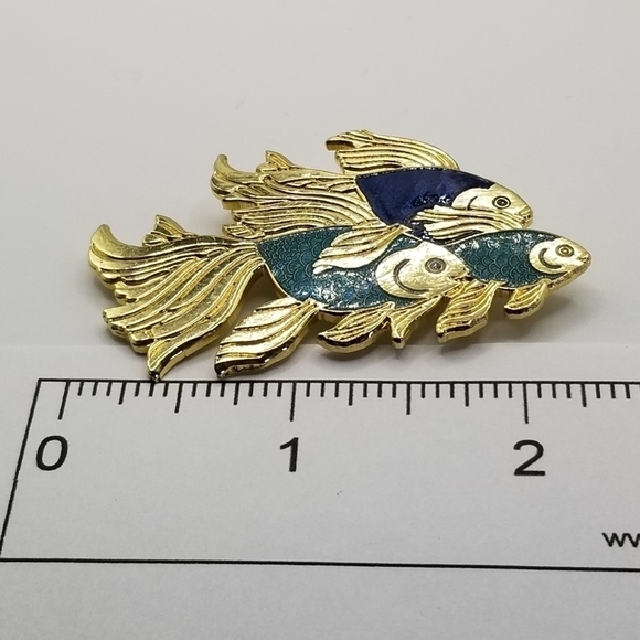 Fish Crown Enamel Gold Tone Bar Pin Brooch Vintage Angel Koi Fish Swimming Blue - Picture 8 of 12